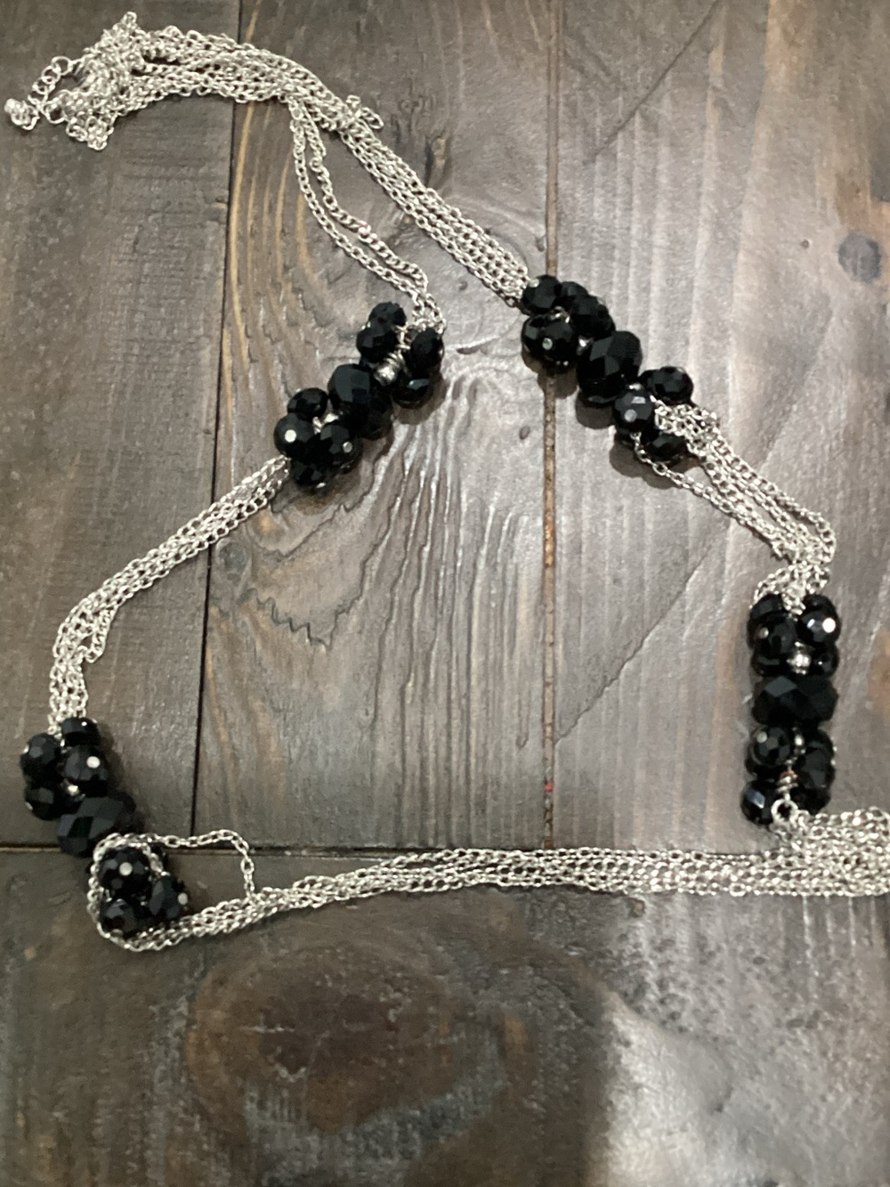 Silver Multi-Strand Necklace with Black Bead‎ Clusters